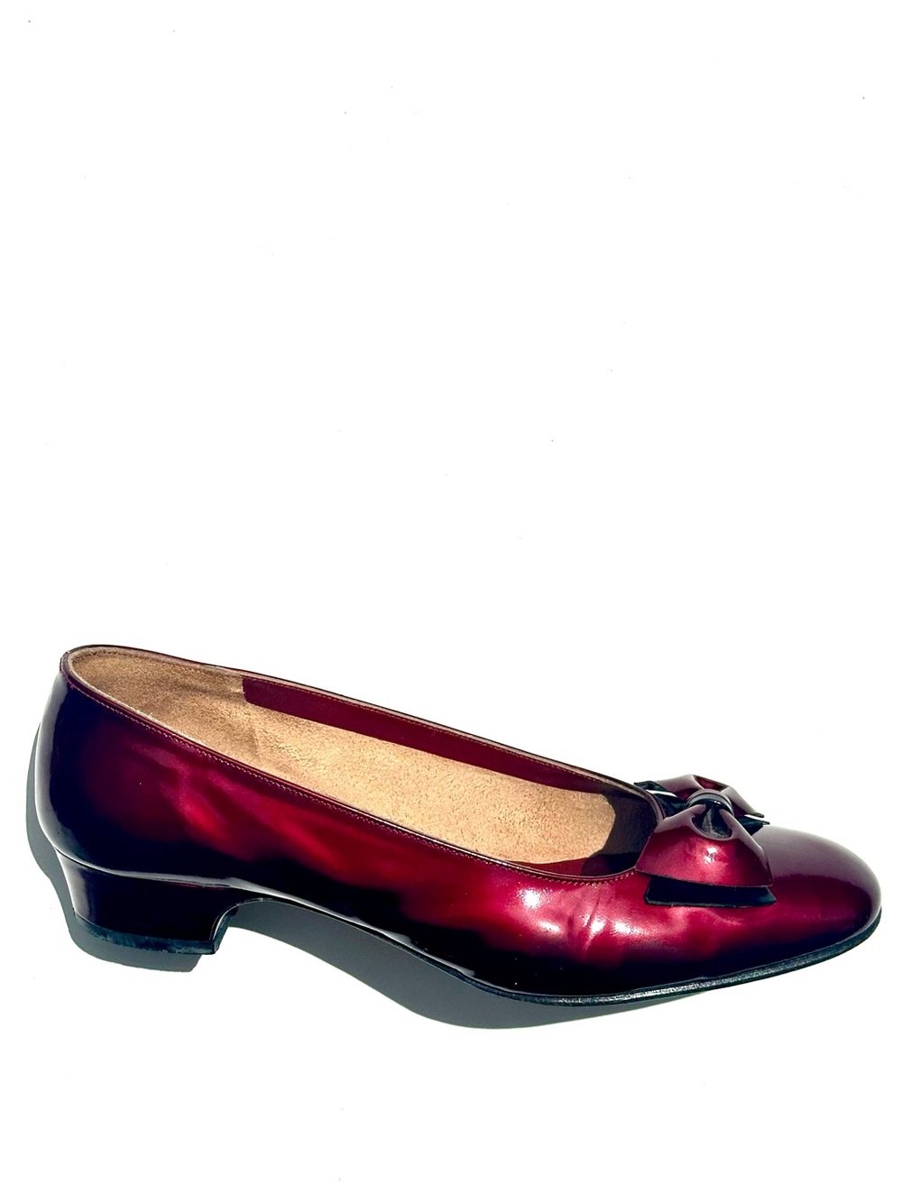 Salvatore Ferragamo Metallic Burgundy Red Patent Low Heel Ballet Pump, Bow, 7 B